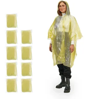 Relaxdays Regenponcho Einweg, 10er Set, Einmal Regencape mit Kapuze, für Erwachsene, Notfallponcho Damen & Herren, gelb