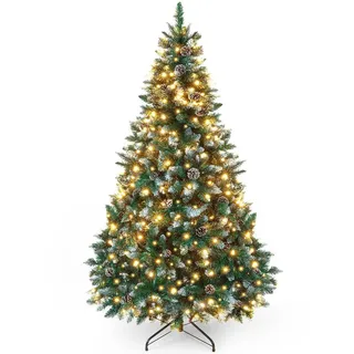 Yorbay künstlicher Weihnachtsbaum mit Beleuchtung und weißem Schnee, LED Tannenbaum für Weihnachten-Dekoration mit echten Tannenzapfen, Feuerbeständig (150CM)