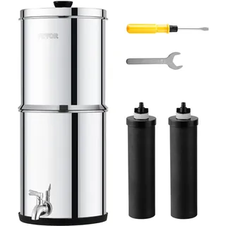 Vevor Schwerkraft Wasserfiltersystem Edelstahl Arbeitsplattensystem 4,4 + 5,5 L Wasserfiltrationssystem, reduziert Blei und bis zu 99 % Chlor, mit 2 Kohlefiltern Zapfhahn, Camping Wohnmobil Zuhause