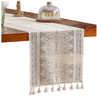 Refttenw Tischläufer Boho Tischläufer Vintage mit Fransen Häkelspitze Tischdecke, für Couchtisch, Esstisch, Hochzeit, Partys 35 cm x 150 cm