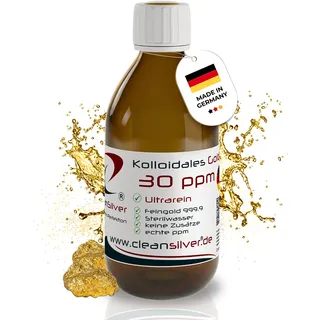CleanSilver Kolloidales Gold 30 ppm 250ml, Ultrarein: Sterilwasser und Feingold 99,99% - Made in Germany- Stets frische Herstellung im eigenen Labor