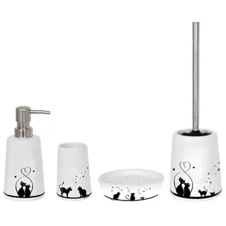 MSV Badaccessoires-Sets KATZE, Zubehör-Set aus hochwertiger Keramik, weiß, mit verspieltem Katzen-Motiv, 4 tlg., bestehend aus: WC-Bürste, Seifenspender, Zahnputzbecher, Seifenschale weiß