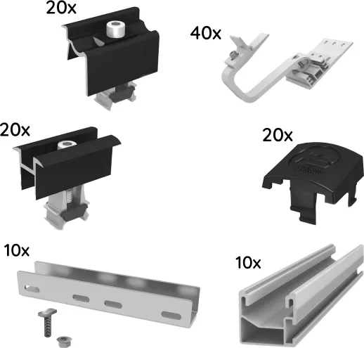 K2 Unterkonstruktionsset für 10 Module, Single Rail für Schrägdach, 1-lagig, schwarze Klemmen