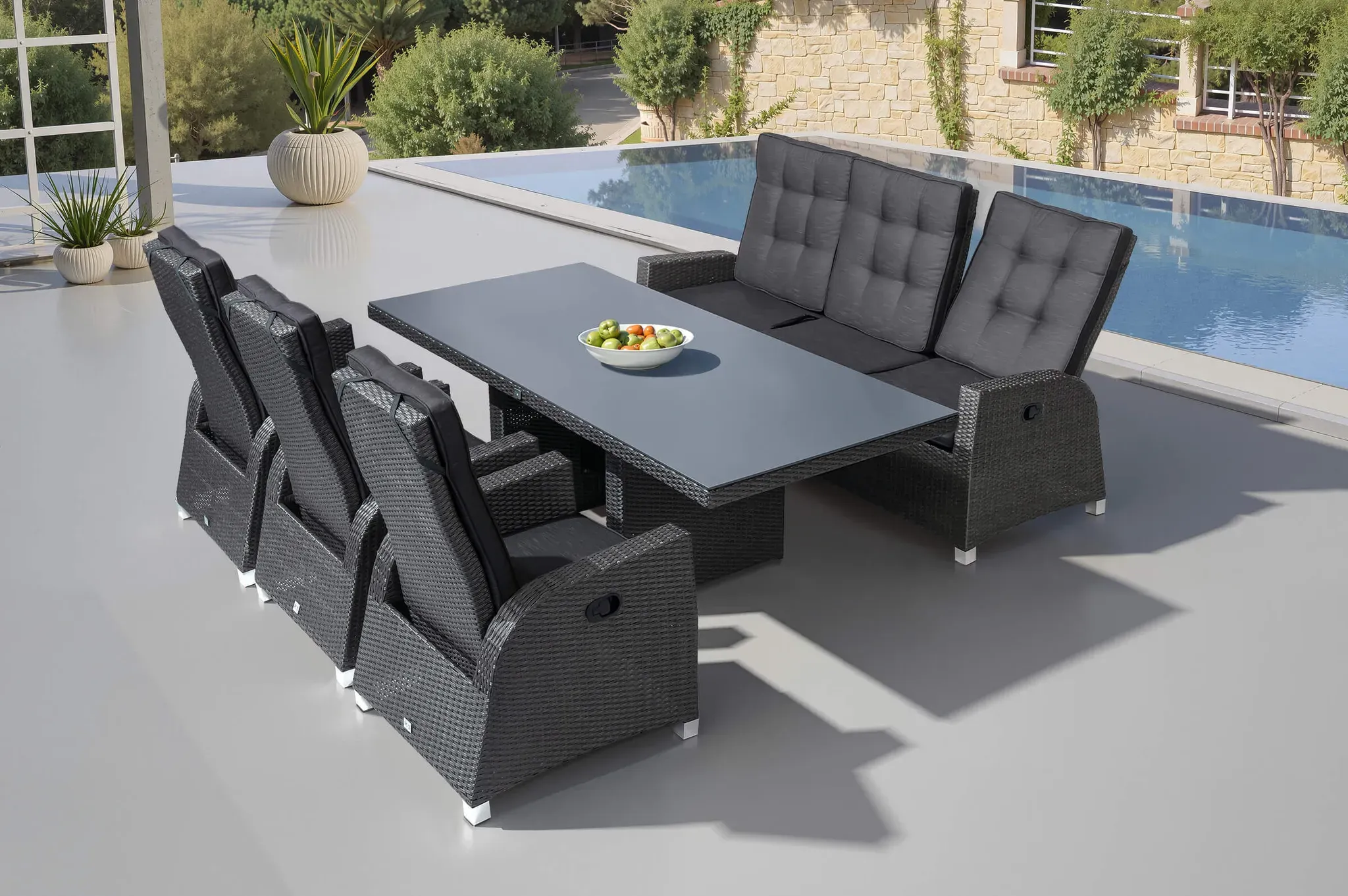 Ploß Rocking Comfort Garten-Essgruppe, grau/braun-meliert, Polyrattan, Tisch 220 x 100 cm, 3 Loungesessel+3-Sitzer
