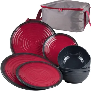 Melamin Camping Geschirr Set Rot 13 Teile mit Aufbewahrungstasche - 4 Personen Essgeschirr Campinggeschirr Picknick für Camping Teller Schüssel Schale Tafelgeschirr mit Reißverschluß Tasche