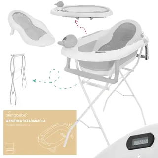 Primabobo Faltbar Babybadewanne, Große Babywanne faltbar, Kinderbadewanne mit Badesitz, für Babys von 0-36 Monaten (Ola Grau (Gestell, Badesitz, Thermometer), Faltbare Babybadewanne mit Gestell)