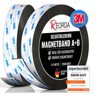 REORDA® Magnetband A B (EXTRA STARKER 3M KLEBER) selbstklebender Magnetstreifen für Fliegengitter & Moskitonetze für beste gegenseitige Anziehung - Magnetband selbstklebend