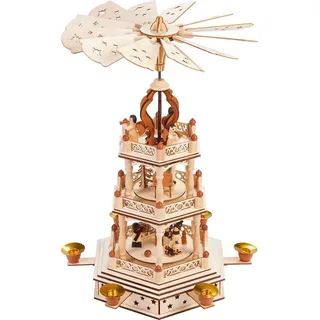 Brubaker Weihnachtspyramide - 3-stöckige drehbare Holzpyramide - Weihnachtsdekoration mit 3 Etagen - 44 cm Höhe - handbemalte Figuren Weihnachten - Braun