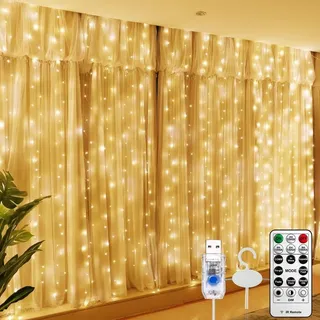 HXWEIYE Lichtervorhang LED 3 m x 3 m Warmweiß
