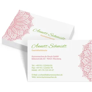 Individuelle Visitenkarten von 100 bis 2.500 Stück personalisiert selbst gestalten "Erfrischende Blume" Motiv, eigener Text, dickes 300g/qm Papier, 85x55mm, beidseitiger klarer intensiver Druck