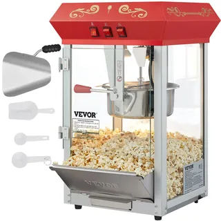 Vevor Popcornmaschine Popcornautomat Popcorngerät 850 W, 8 oz Kessel für 48 Tassen pro Ladung, Popcornmaschine für die Arbeitsplatte mit gehärtetem Glas, inklusive 4 Schaufeln Maschine mit Kino-Stil