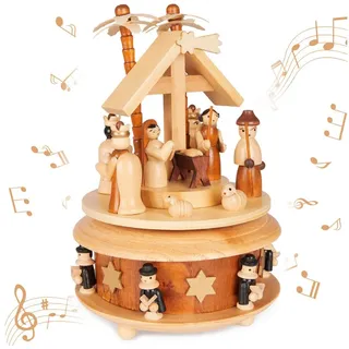 Brubaker Spieluhr Holz - Krippe mit Maria Josef - Melodie: Stille Nacht - 19 cm Musik Box Weihnachten - Spieldose Karussell mit Stern von Bethlehem und Sternsinger - Braun Natur