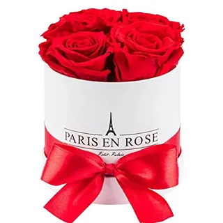 Rosenbox Ø 10 cm Weiß mit Schleife und 4 Roten Rosen