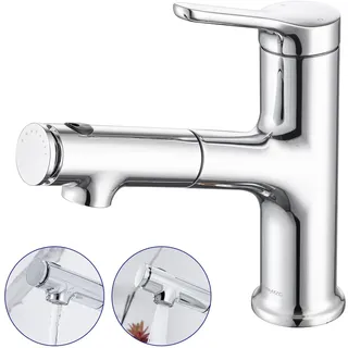LakeBayMZC Waschtischarmatur mit Ausziehbar Brause Wasserhahn Bad,Einhebelmischer Badarmatur Waschbeckenarmatur für Aufsatzwaschbecken mit 3 Wasserstrahlarten Brause,Chrom