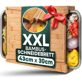 Loco Bird Schneidebrett Holz mit Auffangschale - Cutting Board mit Edelstahl Schalen - Bambus Schneidebrett Holz, Großes Holzbrett Küche - Schneidbrett groß - Küchenbrett, Brett