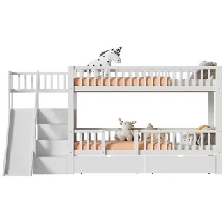 xixiworkshop Kinderbett Hochbett 90×200cm, Doppelbett mit 2 Schubladen Ablageregal/Treppe/Rutsche Kinder-Etagenbett mit Stabiles Bettgestell/Lattenrost Jugendbett Rausfallschutz Bett mit Stauraum, ohne matratze