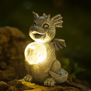 Yeemoo Drachen Figuren Gartendeko für Draußen,Lustig Dragons Deko Garten mit Solar Ball Geschenke für Männer Frauen Freundin Mama Geburtstag Wasserdicht Feengarten für Balkon Grau