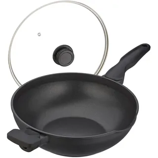 Relaxdays Wokpfanne mit Glasdeckel, Ø 30 cm, Aluminium, antihaftbeschichtet, Gas-, Elektroherd, Wok mit Griffen, schwarz