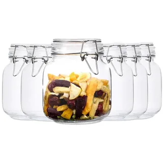 freshmaster Gläser mit Bügelverschluss - Set aus bruchsicherem Glas mit Spezialdichtung und Edelstahl Bügelverschluss - Vorratsgläser Gläser Set (6 x 1000ml)