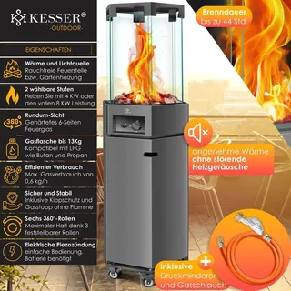 Kesser KESSER® Gasheizstrahler 4/8 kW Gas Piezozündung Heizung + Gasdruckregler + Cover, 360° Rollen Kippschutz, Terrassenheizstrahler Gasheizung Gasheizer Outdoor Kamin Mobiler Heizpilz, Heizer, Schwarz