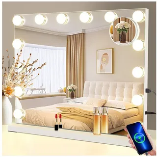 mamizo Schminkspiegel mit licht 3 Beleuchtungsmodi, Touch Steuerung und Abnehmbare Lupe, Tischspiegel für Schminktisch, Weiß