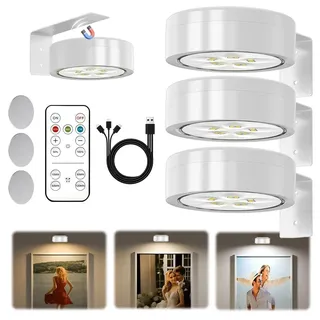 Bildbeleuchtung Kabellos mit Fernbedienung, 3 Stück Magnetisches LED Bilderleuchte Dimmbar & Wiederaufladbar, Bild Licht 3 Lichtfarben, Bilderrahmen Licht, Bilderlampe für Wand, Regal, Bilder