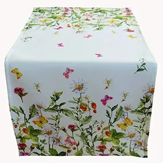 Raebel Tischläufer 40 x 90 cm Tischdecke Mitteldecke Ostern Tischdeko Frühling weiß bunt Blumen und Schmetterlinge