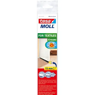 Tesa Türdichtschiene für Textilböden/Teppich - Selbstklebende Türdichtung zum Schutz vor Zugluft - mit Bürstendichtung bis 15 mm - Weiß