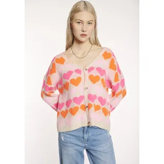 HaILY’S Strickjacke "LS A CD Sa44nna", Damen, Gr. M, beige, pink heart, Strick, Obermaterial: 80% Polyacryl, 20% Polyamid, gemustert, hüftlang, V-Ausschnitt, Strickjacken Strickjacke