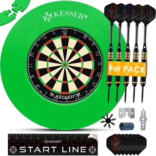 Kesser KESSER® Dartscheibe kork mit 9 Dartpfeile Professional Dartboard + 21 Pro Flights + Zubehör Steeldart Offizielles Dartscheibe 9 Pfeilen Metallspitze Profi Steeldartscheibe - Dartboard inkl. Montageset