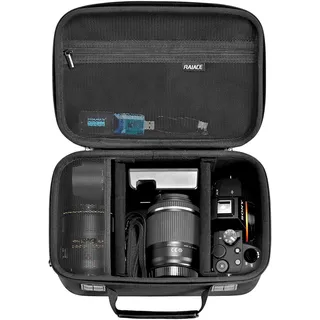 RAIACE Hartschalenkoffer kompatibel mit Sony Alpha 7 II III IV/7R V Kamera, für Nikon, für Canon, für Pentax und mehr. Mit Netztasche für Objektiv, Ladegerät, Kabel und Zubehör. - Schwarz