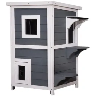 MCombo - Lovupet Katzenhaus Katzenvilla Katzenhütte 2 Etagen Wetterfest, Grau, 0508 ey
