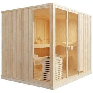 FinnTherm Innensauna Ergo Panorama Innensauna 3 Sitzbänke aus Holz , Saunakabine mit 40 mm Wandstärke, Dampfsauna mit Montagematerial