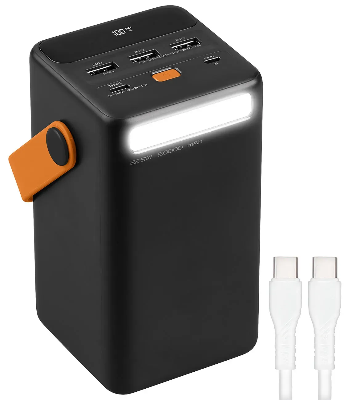 Powerbank 50.000 mAh, USB-C PD bis 65 W, 3x USB-A, Super Charge, LED