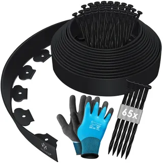 Kesser Flexible Rasenkante aus Kunststoff Länge 10m Höhe 5cm, mit 50 Erdanker + Handschuhe, Beeteinfassung Beetumrandung Beetbegrenzung Mähkante Pflastersteine Palisade