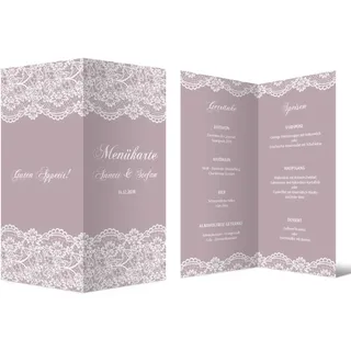 10 x Hochzeit Menükarten individuell mit Speisen und Getränken DIN Lang Klappkarten - Spitze in Lila