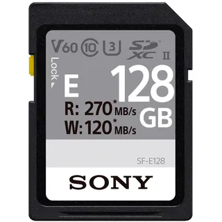 Sony E-Serie SDXC UHS-II Karte 128 GB, V60, CL10, U3, Max R270 MB/s, W120 MB/S (SF-E128/T1), SFE128/T1, schwarz, klein