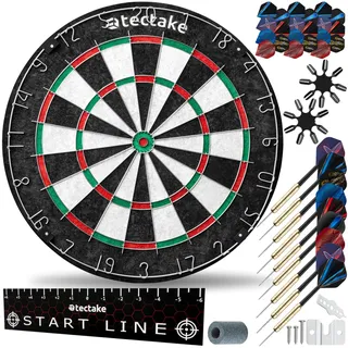 Tectake tectake® Dartscheibe, aus robustem Sisal mit ultradünnem Draht, extra breiter Fangring, Zubehör aus Anspitzer, 16 Flight-Schützern und Startlinie
