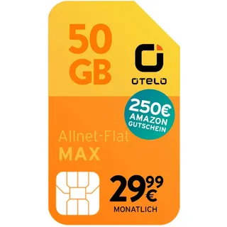 Otelo Max | 50 GB | Schnelles 5G-Netz von Vodafone | Telefon & SMS Flat | EU-Roaming | Erhalte 250 € Amazon-Gutschein