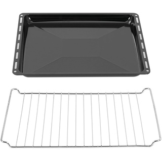 ICQN 445 x 375 x 35 mm Gitter Backblech Set | Passend für Whirlpool Ignis Bauknecht | Emailliert | Fettpfanne | Verchromt Backofenrost und Emaille Backblech für Backofen