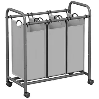 Songmics Wäschekorb 3 Fächer, Wäschesammler mit Rollen, Wäschesortierer, Wäsche-Sortiersystem, Wäschewagen mit Griffen, Wäschesack, abnehmbare Stofftaschen, grau