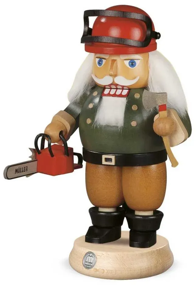 Müller Erzgebirge Nussknacker Waldarbeiter mit Motorsäge 14 x 23 cm