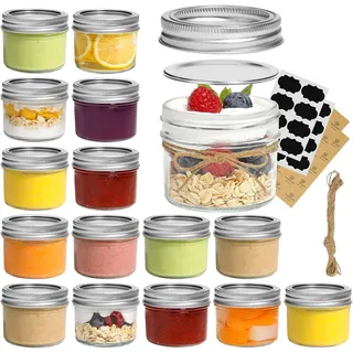 ComSaf 125ml Einmachgläser mit Schraubdeckel und Aufkleber Einmachgläser mit Deckel 16er, Kleine Marmeladengläser für Gewürze Hausgemachtes Essen, Gelee, Marmelade, Joghurtgläser, Mason Jars Gläser
