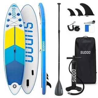 Stand Up Paddling Board Aufblasbares SUP Board 2+1 Personen/Familien, Surfboard für Erwachsene, Tragkraft bis 150KG, Stand-Up Paddle, Komplettes Zubehör mit Paddel, Flossen, Rucksack(20YG Blue White)