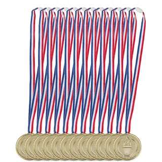 Relaxdays Goldmedaille Kinder 12er Set, Band, Fackel, Auszeichnung für Siegerehrung, Medaillenset, 5 cm Ø, Plastik, Gold,