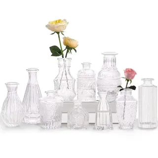 Mini Vasen Set, 10St Kleine Glasvase Vintage Deko Vasen Set Verschiedene Groessen Blumenvase für Tischdeko Mittelstücke, Hochzeitsdekorationen Transparent