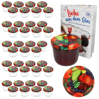 Mambocat 40er Set Sturzglas 230 ml mit Obst Dekor Deckel inkl. Diamant Gelierzauber Rezeptheft