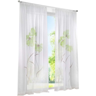 BAILEY JO 1er-Pack Gardine Floral Gardinen Schlaufen mit Blumen Druck Transparent Voile Vorhang (BxH 150x245cm, Grün mit Kräuselband)