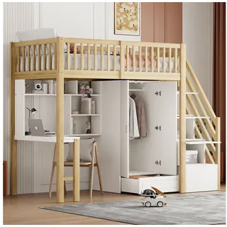 xixiworkshop Hochbett 90 x 200 cm Holz mit Kleiderschrank und Tisch