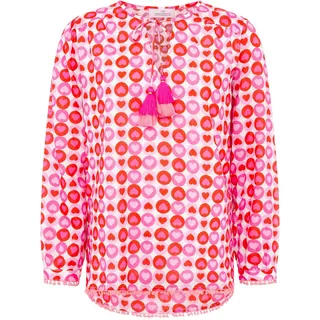 Shirtbluse ZWILLINGSHERZ ""Schmetterling"", Damen, Gr. SM (S/M), rosa, Web, Obermaterial: 100% Baumwolle, gemustert, loose fit hüftlang, Serafino, Blusen, Blumenmuster, Tasseln,Pom Pom Besatz, Langarm